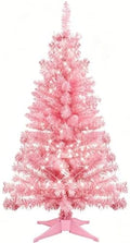 3FT Pink Mini Christmas Tree with Lights - Hinged Small Artificial Xmas Tree - Includes 50 LED String Light, 160 Tips Dense Branches & Detachable Stand - Pink Christmas Decoration Tree for Holiday