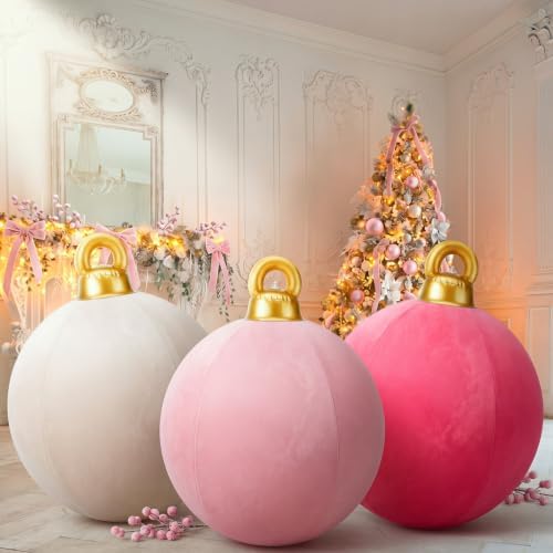 3 Pcs 32 Inch Velvet Christmas Inflatable Balls, Hot Pink, Blush, Beige