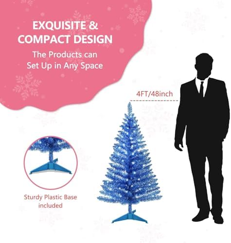 4ft Lighted Artificial Blue Christmas Tree, Not Pre-lit Blue Tinsel Pine Trees with Lights, Ideal for Ideal for Home, Office, and Xmas Party Décor - Includes Stand