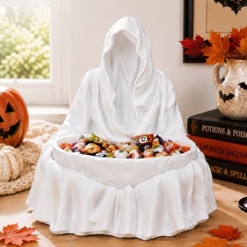 basen Halloween Candy Bowl, White LED Grim Reaper Resin Tabletop Decor