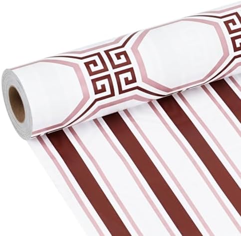 LaRibbons Reversible Minimalist Christmas Wrapping Paper, Greek Key Geometric & Striped Design - Burgundy Pink Modern Gift Wrap for Birthday, Holiday, Xmas Party Celebration, 17 Inch × 33 Feet