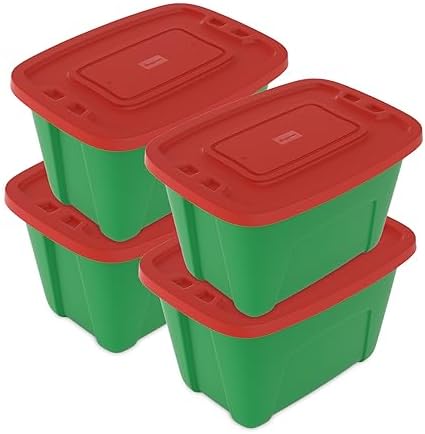 SIMPLYKLEEN 4-Pack Christmas Storage Totes with Lids - Made in USA 18-Gallon(72-Quart)Red Storage Bins,Holiday Organizer,Plastic Stackable Large Storage Boxes for Home,Office,Garage,Basement Red/Green