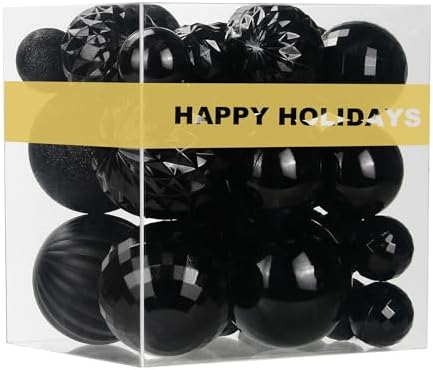 Black Christmas Ornaments - Christmas Tree Decorations Shatterproof Hanging Balls for Birthday Wedding Holiday Decor Set of 36pcs, Multi-Sizes(1.6",2.5",3.2")