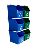 Multi Bin Recycling System with Three Stackable 6 Gallon Recycle Bins for Kitchen Use – Recycling Trash Can Set for Office, Garage, Businesses (6 Pack Blue/Green)