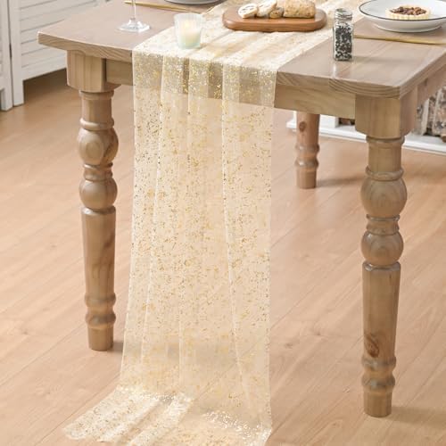Artoid Mode 2-Pack Gold Gauze Champagne Table Runner 10FT, Glitter Metallic Foil Sheer Dining Wedding Anniversary Holiday Birthday Table Decor for Home Party