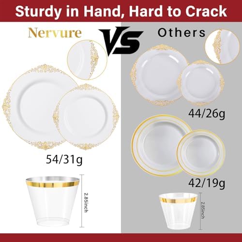 Nervure 175Pcs Gold Plastic Plates, Disposable Dinnerware Set for 25 Guests
