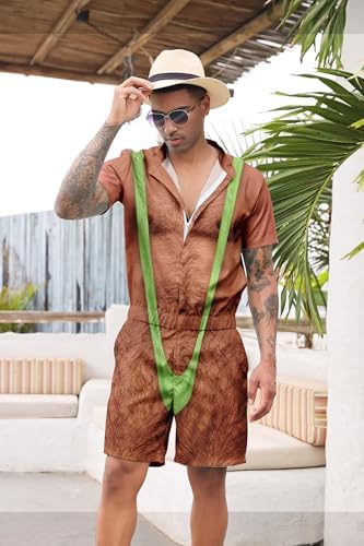 RAISEVERN Mens Romper Male Zipper Shorts Sleeve One Piece Bro Outfits
