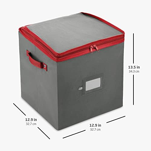 ZOBER Christmas Ornament Storage Box - Stores 64 3" Ornaments, With Dividers - Ornament Organizer Storage Box, Durable Christmas Containers Holder, Dual Zipper - Gray