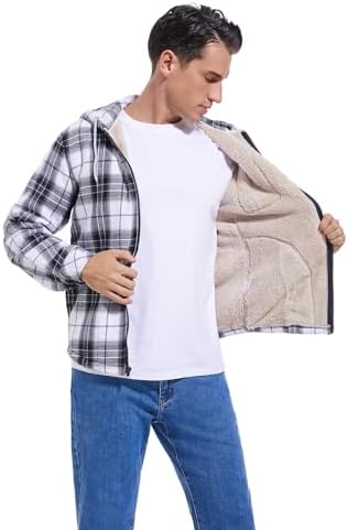 Elesuit Men's Full Zip Fleece Flannel Jacket Shirt Plaid Cotton Hoodie Coat