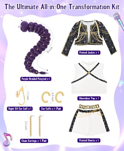 Girls Halloween Costume, Pop Singer Costume, Top Pants with Purple Braid for Cosplay Birthday Party, 4-12 Years