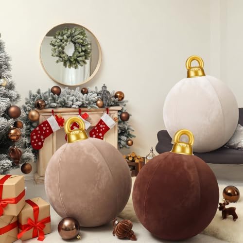 3 Pcs 32 Inch Giant Velvet Christmas Inflatable Balls, Brown, Khaki, Beige