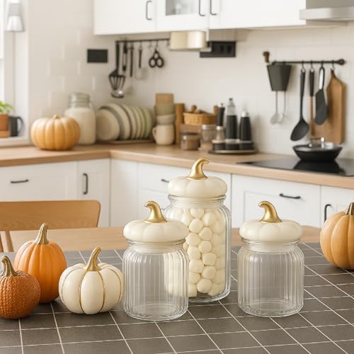 Mimorou 3 Set Pumpkin Glass Jar with Pumpkin Airtight Ceramic Lid 44 oz 33 oz 22oz Fall Clear Candy Jar Food Storage Canister for Thanksgiving Party Tea Cookie Table Decoration (White and Gold,Autumn)