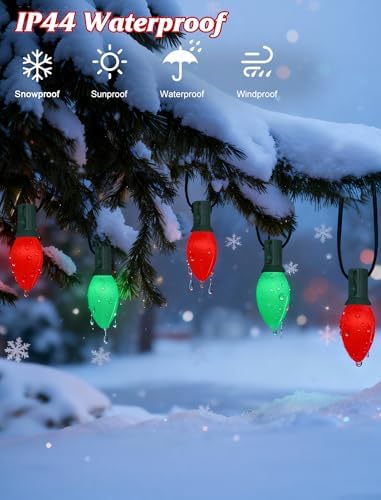 SUNSGNE C9 Red and Green Christmas Lights, 25FT Glass Ceramics Christmas Tree Lights with 26 7W Red White Glass Bulbs(1 Spare) for Backyard Patio Balcony Xmas Decor, Green Wire