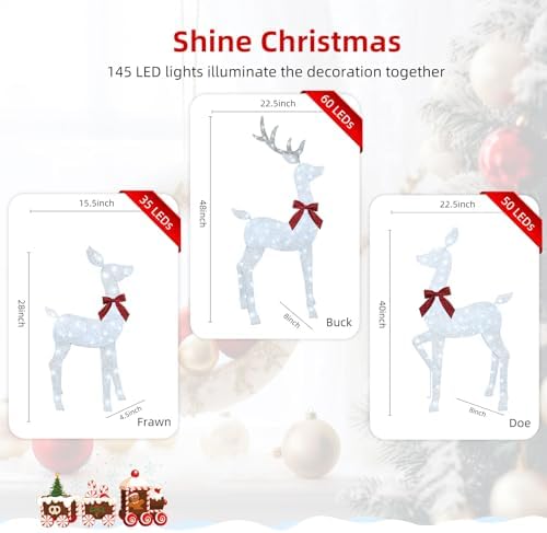 HOYECHI 4 FT Christmas Decorations Outdoor Lighted Reindeer – 3-Piece 2D Deer Family Set with 145 Warm White LED Lights for Yard, Lawn, Garden & Porch Holiday Display - White