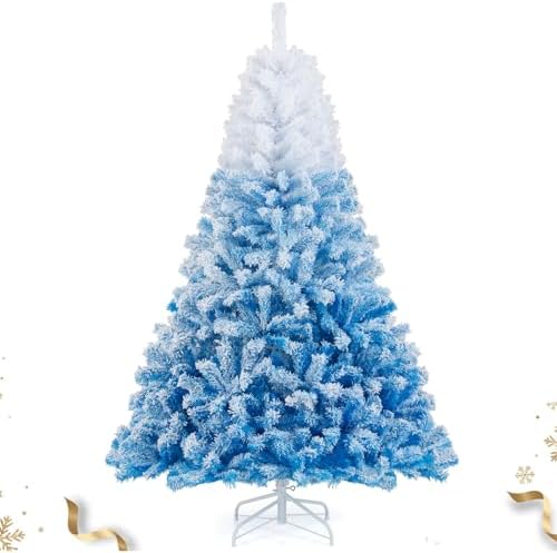 HAPPYGRILL 6 FT Flocked Christmas Tree Blue Hinged Xmas Tree with 820 Branch Tips & Folding Metal Stand, Artificial Christmas Tree for Home Office Carnival