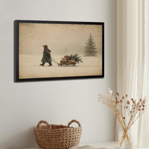 Vintage Child Sled Wrapped Boxes Evergreen Snow Christmas Canvas Wall Art