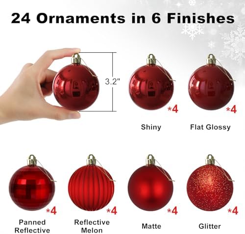 Rose Red 3.2" Large Christmas Balls - Christmas Tree Decoration Ornaments Shatterproof Hanging Balls for Birthday Halloween Holiday Wedding Decorations Set of 24pcs