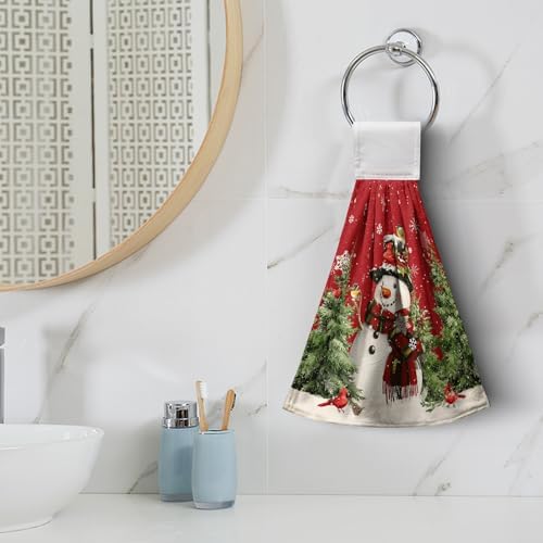 Winter Snowman Red Hanging Kitchen Towels Set of 2 Christmas Snow Snowman Pine Tree Bird Hand Towel with Hanging Loop Xmas Farmhouse Bath Towels Soft Absorbent Fingertip Dish Tie Towel for Bathroom