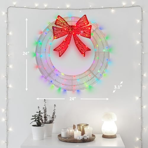 Lighted Wreath Christmas Outdoor Decorations, 24in Small Christmas Outdoor Lights Wreaths 110 Multi-Color Changing Lights, Prelit Wreath with Plug-in for Front Door, Window, Garage-White