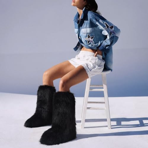 CELNEPHO Faux Fur Boots Knee High Furry Boots Fuzzy Winter Snow Shoes Flats