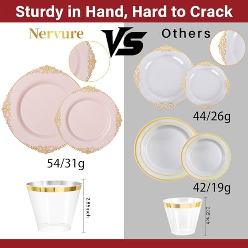 Nervure 175Pcs Pink Plastic Plates, Disposable Party Plates for 25 Guests