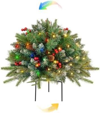 Christmas Tree Urn Filler, Battery Operated with Timer, Pre-lit Warm White & Multi-Color Changing LED Lights, Artificial Xmas Tree for Porch, Pathway, Yard, Outdoor Holiday Decoration (1, with Snow)