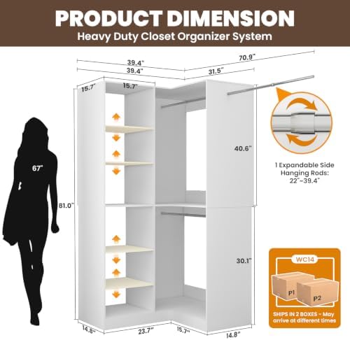 Corner Closet System, L-Shaped Closet Organizer with 4 Adjustable Shelves and 3 Hanging Rods, Modular Closet System for Walk-In Closets and Custom Closet Organization, 70.9"W × 15.8"D × 81"H