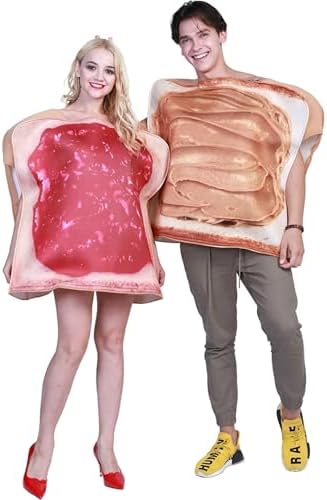 Kute 'n' Adult Peanut Butter and Jelly Costume Set, Funny PB&J Sandwich Halloween Couple Costumes for Women and Men, Set of 2, One Size