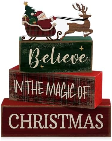 Moucuny 4 Pcs Tartan Plaid Christmas Table Decor, Santa Sleigh Wooden Signs