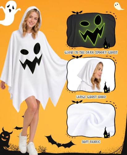 5 Pcs Group Halloween Costumes Ghost Poncho Family Costumes Glow-in-the-Dark Hooded Poncho Pumpkin Adults Women Men Cosplay