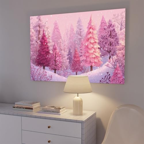 JDBeehpy Snowy Wall Art Pink Pine Forest Canvas Prints Framed 16x24inch