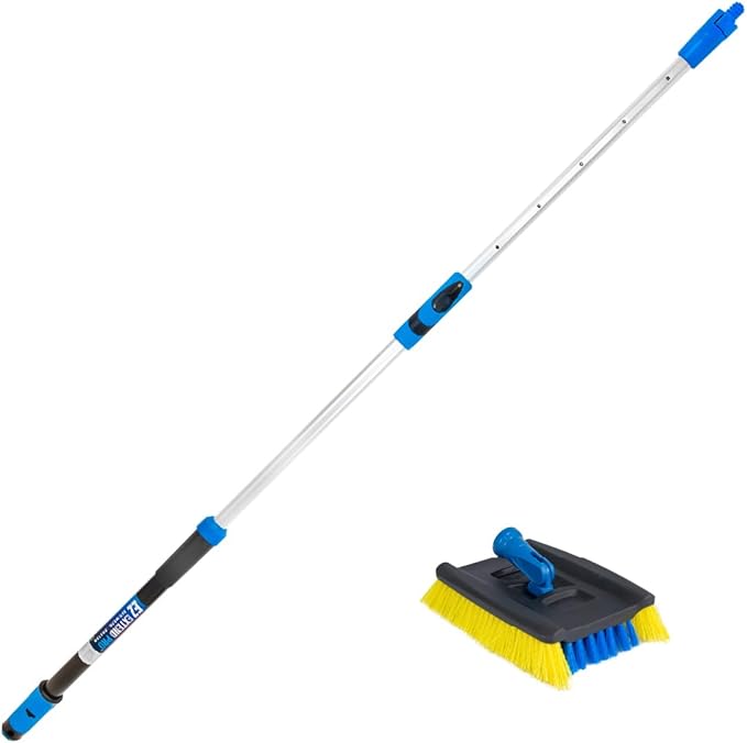 Unger Professional Lock-On Wood & Composite Deck Brush with EZ Extend Pro Telescopic Pole for Outdoor Decks with Durable Dual-Bristle, Swivel Deck Cleaning Brush, Adjustable 5 FT Pole Extends Reach