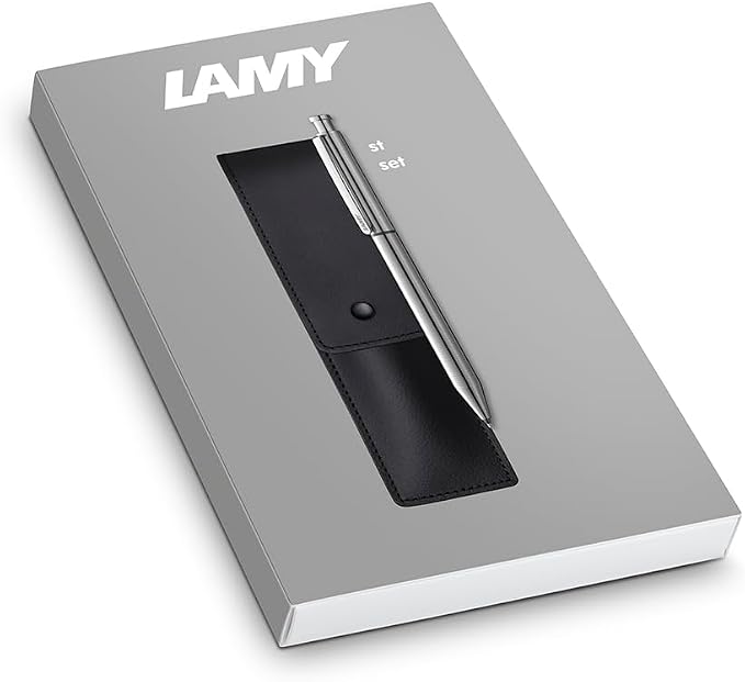 Lamy Set of 1 x ST Twin Pen 645 Multi-Pen System Stainless Steel Ballpoint Pen and Pencil in Silver and 1x Genuine Leather Case in Black for Two Writing Instruments