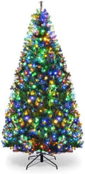 HAPPYGRILL 7FT Pre-lit Artificial Christmas Tree with 500 LED Lights, 1570 PVC Branch Tips and Foldable Base, Premium Spruce Tree Hinged Xmas Tree with 11 Color Modes for Holiday Decor