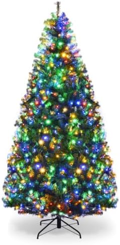 HAPPYGRILL 7FT Pre-lit Artificial Christmas Tree with 500 LED Lights, 1570 PVC Branch Tips and Foldable Base, Premium Spruce Tree Hinged Xmas Tree with 11 Color Modes for Holiday Decor
