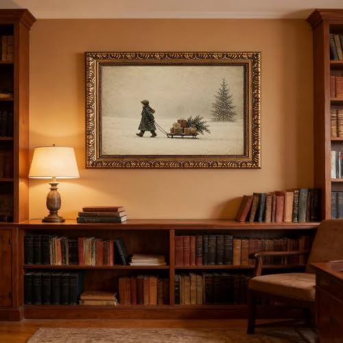 Vintage Child Sled Wrapped Boxes Evergreen Snow Christmas Canvas Wall Art