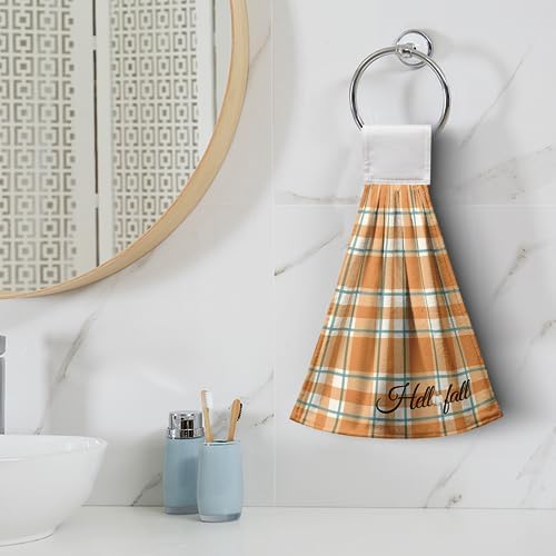 Fall Autumn Hand Towel with Hanging Loop Set of 2 Thanksgiving Country Orange Hanging Kitchen Towels Checkered Plaid Tartan Dishcloth Fingertip Bath Tie Towels for Bathroom Farmhouse Decor