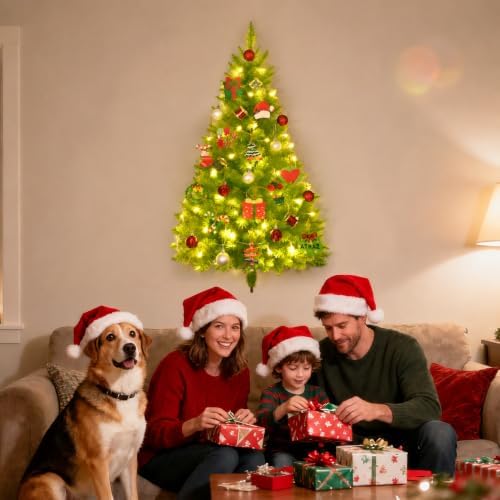 3 FT Wall Christmas Tree, Lime Green Half Christmas Tree Hanging, DIY 1/2 Chrismas Tree for Window with Lights, Ornaments and Hooks, Hainging Xmas Tree for Door, Pet Owners Xmas Decor
