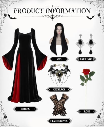 Aileam Morticia Addams Costume Halloween Morticia Addams Dress Gothic Witch Costume Women Velvet Black Outfit Cosplay Party