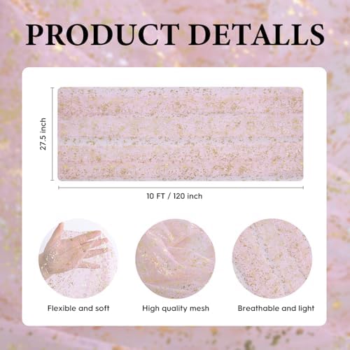 Artoid Mode 3PC Gold Gauze Pink Table Runner 120 Inch 10FT, Glitter Metallic Foil Sheer Dining Wedding Anniversary Holiday Birthday Table Decor for Home Party