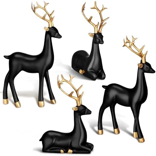Thyle 4 Pcs Christmas Reindeer Decor Indoor Small Black Resin Deer Figurine