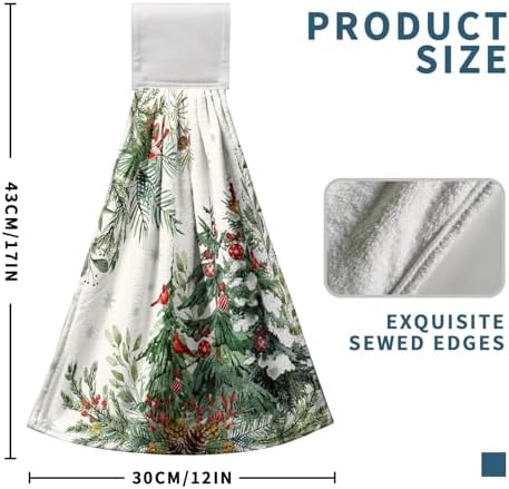 Christmas Tree Hanging Hand Towels Set of 2 Winter Cardinal Snow Xmas Pine Trees Kitchen Towels with Hanging Loop Nature Forest Dish Towel Soft Absorbent Bath Tie Towel for Bathroom Farmhouse Decor