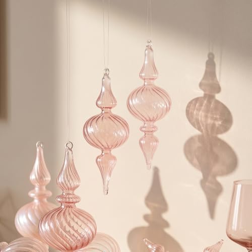 12 Pcs Vintage Glass Finial Christmas Ornaments, Pink