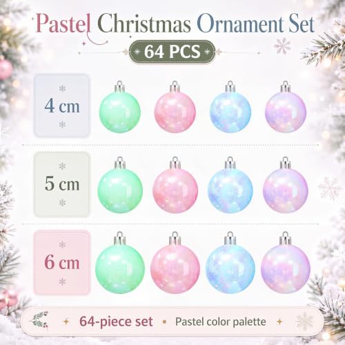 Lunmon 64 Pcs Colorful Iridescent Christmas Ornament Pastel Clear Xmas Ball