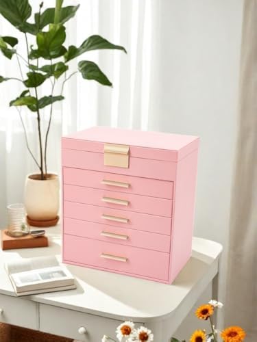 BOOVO Jewelry Boxes for Women, White and Black 6 Layer Large Jewelry Box for Necklace, Bracelet, Earrings, Rings Storage, Jewelry holder Organizer for Girls Gift (Pink, 6 layer)