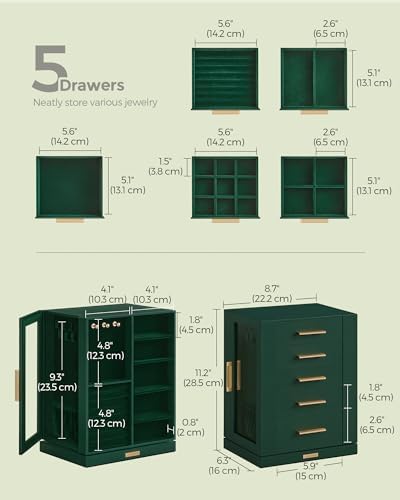 SONGMICS Jewelry Box Organizer, 360° Rotating, 5 Drawers, Forest Green