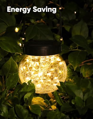 PARTPHONER Solar Lights Outdoor Waterproof 12-Pack, Solar Powered Hanging Lantern Cracked Glass Hanging Globes for Yard Decor Christmas Decoration, Shepherd Hook, Garden Tree Ornaments, Warm White