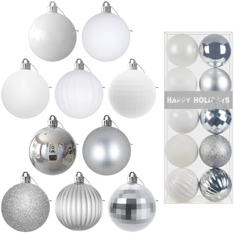White & Silver 2.5" Christmas Balls Christmas Tree Decoration Ornaments Shatterproof Hanging Balls for Birthday Halloween Holiday Wedding Decorations Set of 10pcs