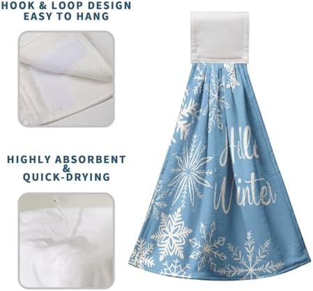 2 Pcs Winter Kitchen Towels with Hanging Loop, Blue White Snowflake Hand Tie Towels Oven Baking Cooking Dish Towels Soft Absorbent Fast Drying Hanging Towel for Bathroom