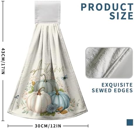 Fall Blue Teal Pumpkin Kitchen Hanging Towels Set of 2 Autumn Watercolor Maple Leaves Hand Towels with Loop Thanksgiving Seasonal Guest Towels Soft Absorbent Fingertip Tie Towel for Holiday Baking